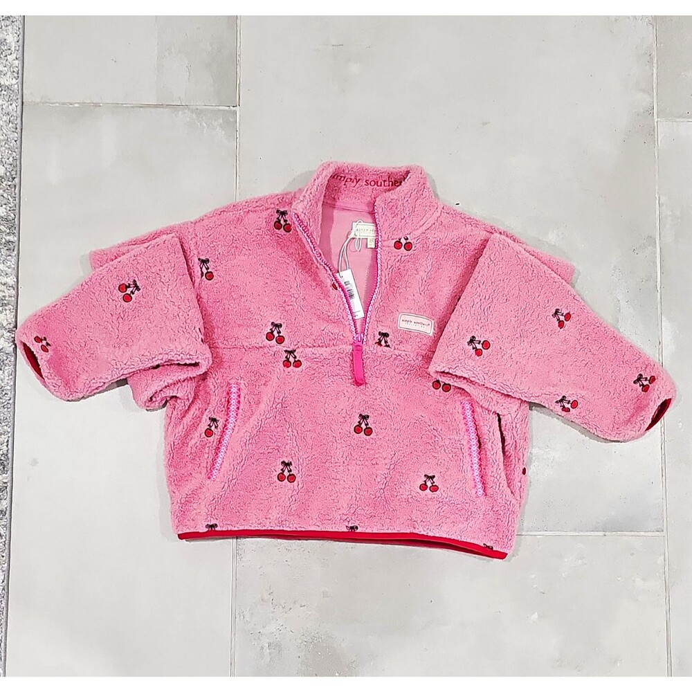 Simply Southern 1/2 Zip Fleece Pullover Sweatshirt Pink Cherry Print XS